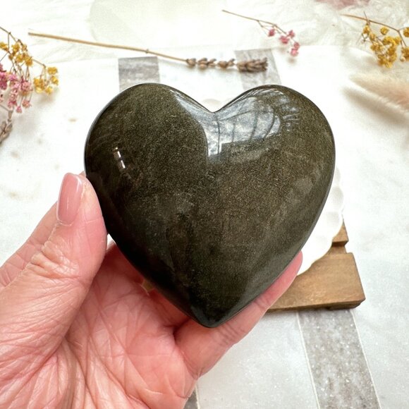 Beautiful Gold Sheen Obsidian Heart Carving - Picture 1 of 7